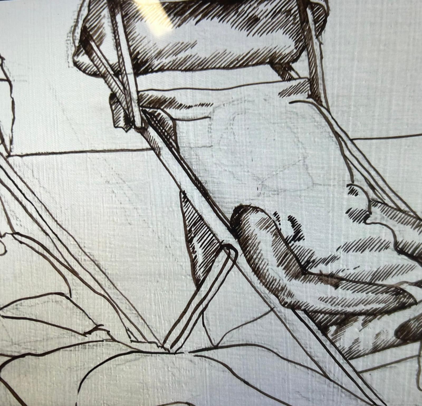 Close-up of directional hatching on a reclining figure and deckchair, showing lines used for light and shade.