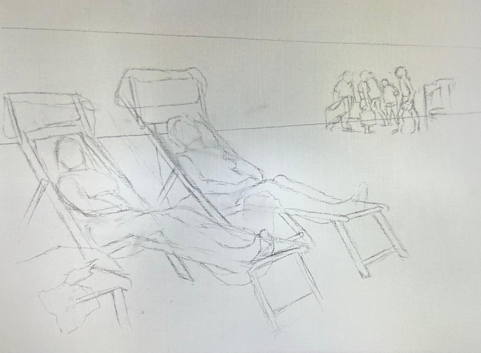 Early charcoal sketch of two reclining figures in deckchairs on a beach, with a group near the shoreline.