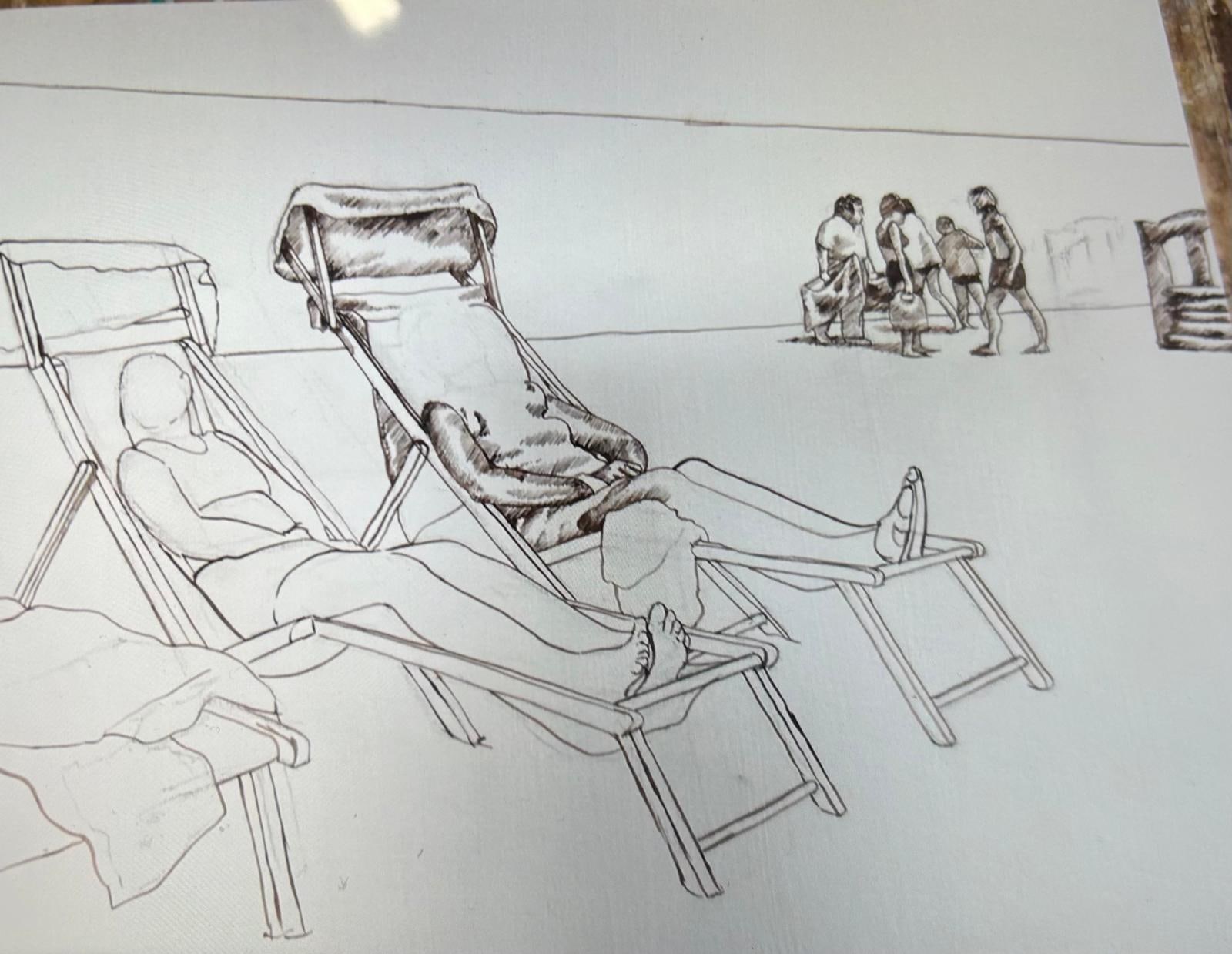 The beach composition with the figures and chairs outlined and fine hatching added.
