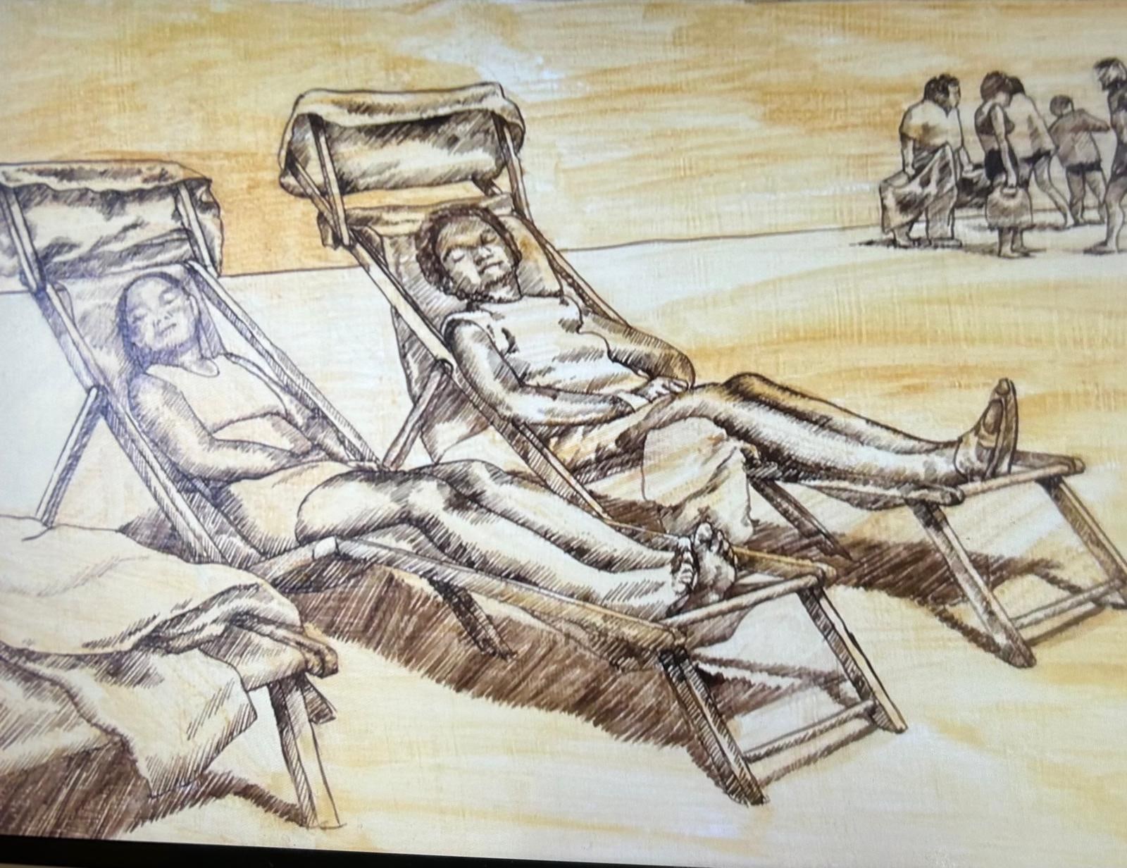 The beach scene in a warm ochre underpainting, with figures and deckchairs defined in hatching.