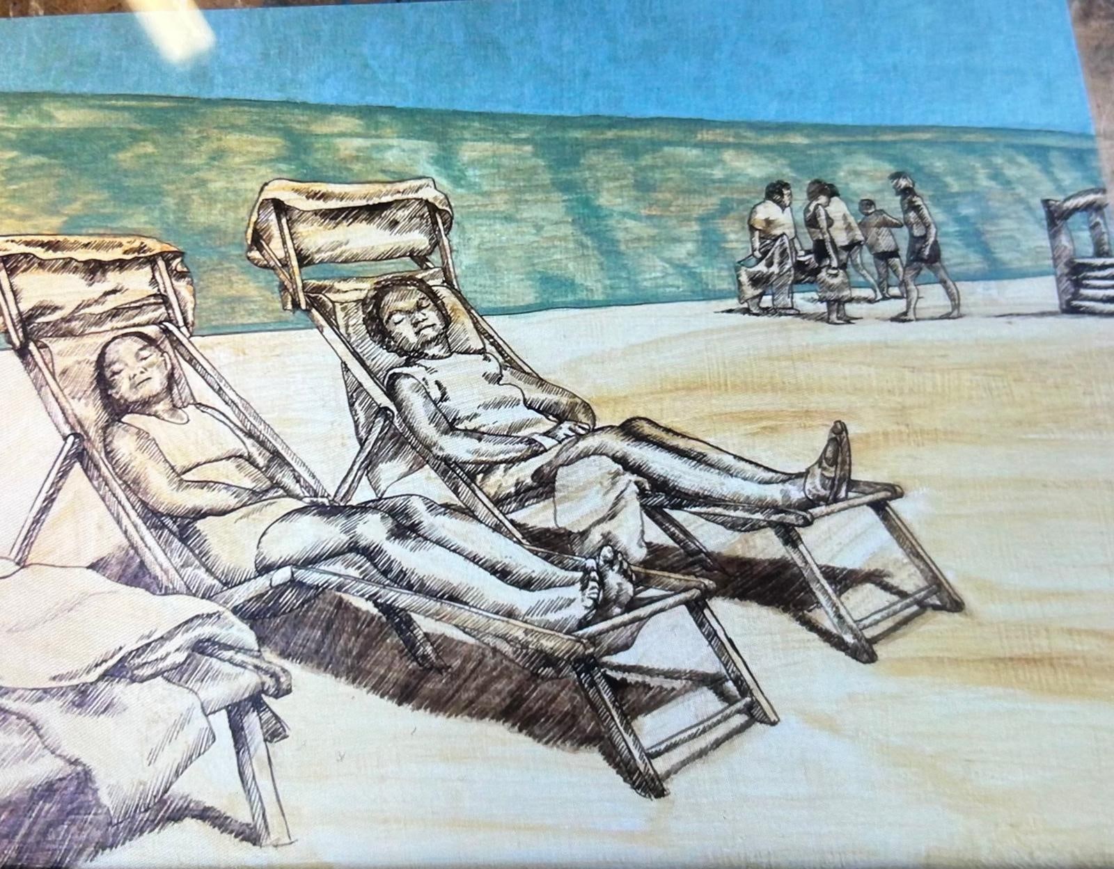 Blue sky and sea added to the beach scene, with warm sand beneath.
