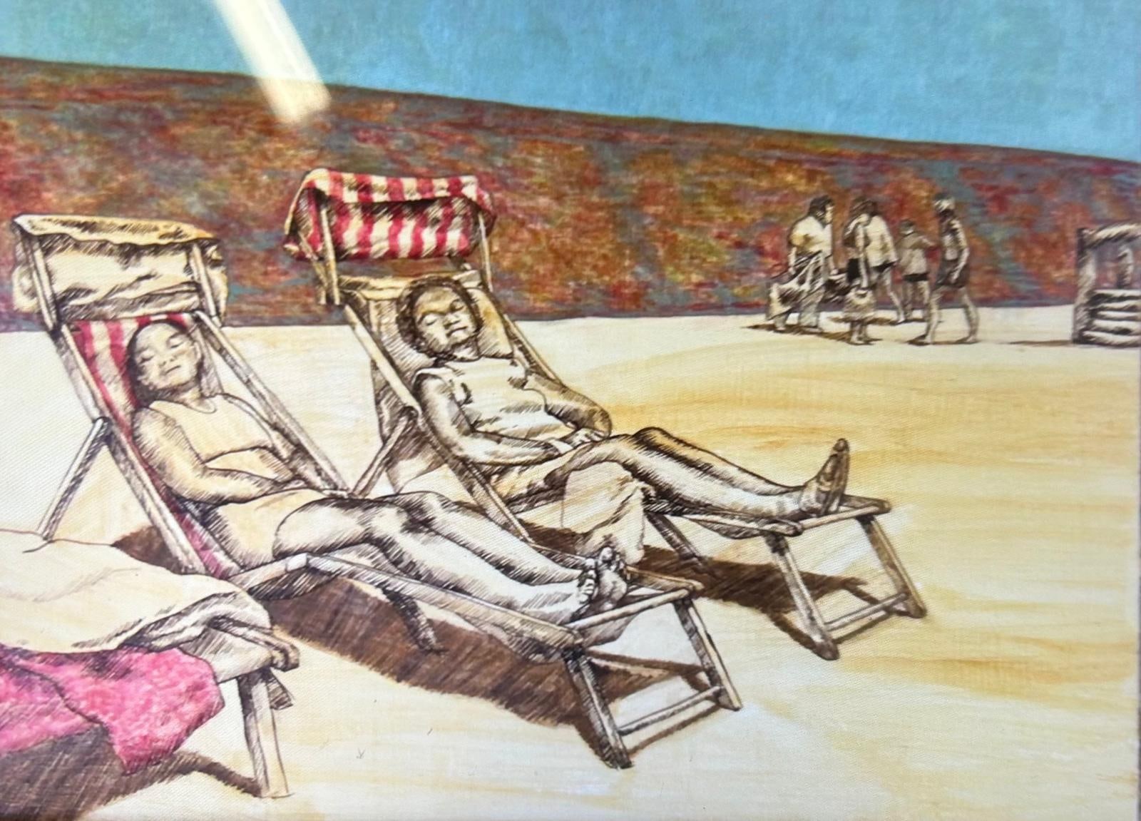 Beach painting with red-and-white deckchair stripes and stronger warm glazes across the shoreline.