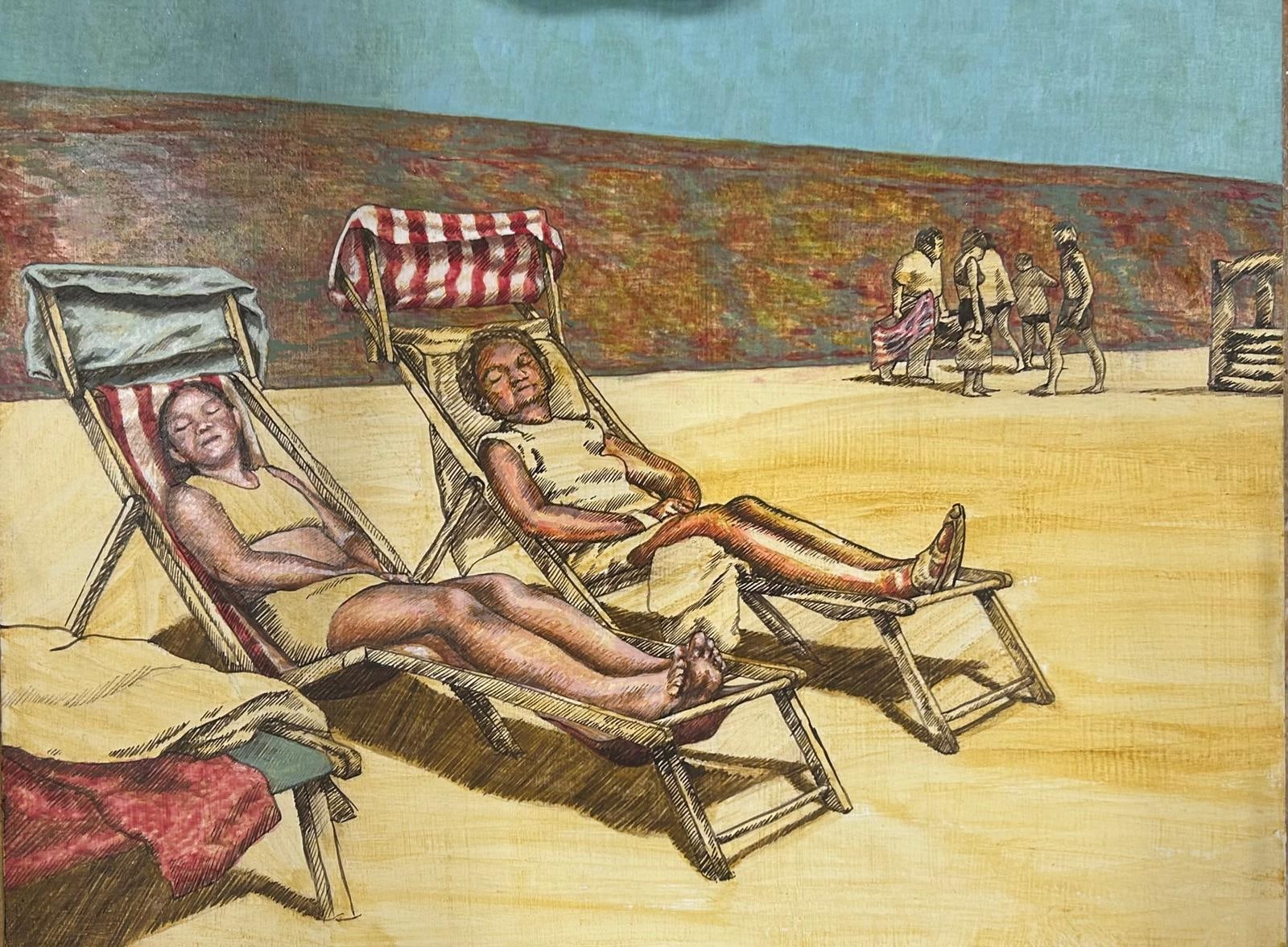 Jill Iliffe’s beach scene still in progress, with two people resting in striped deckchairs and a group by the water.