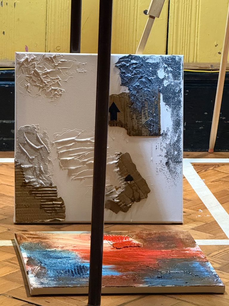 Textured acrylic painting demonstration UK showing canvas preparation with cardboard and texture paste