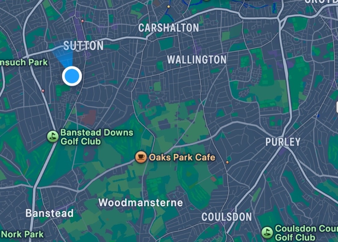 Map showing Oaks Park Café between Banstead, Wallington, Purley and Coulsdon